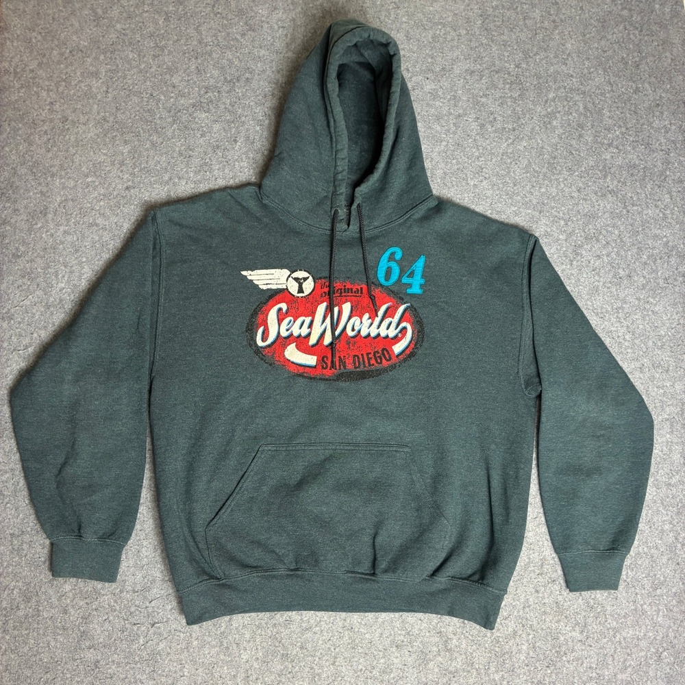 SeaWorld Hoodie Men Large Green Excellent San Diego Graphic Pullover Sweatshirt
